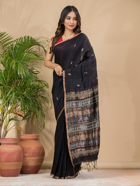 Matka Silk Jamdani Saree With Rich Black - 018