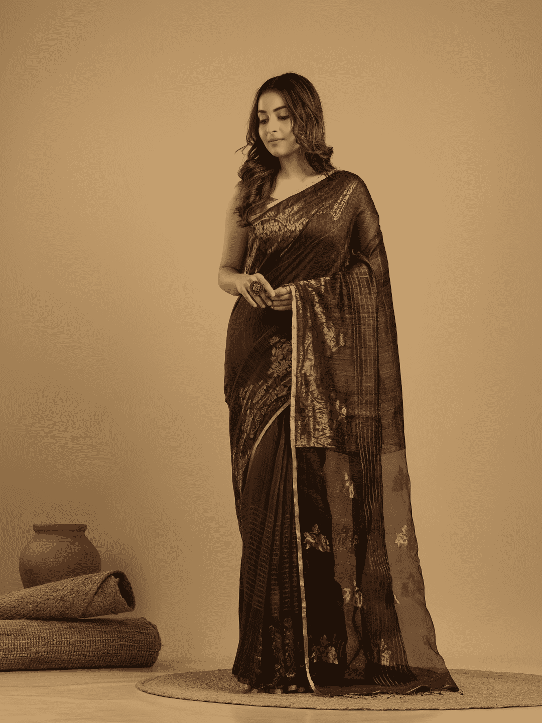 Matka Silk Jamdani Saree With Dark Brown and Black - 029 - indeloom