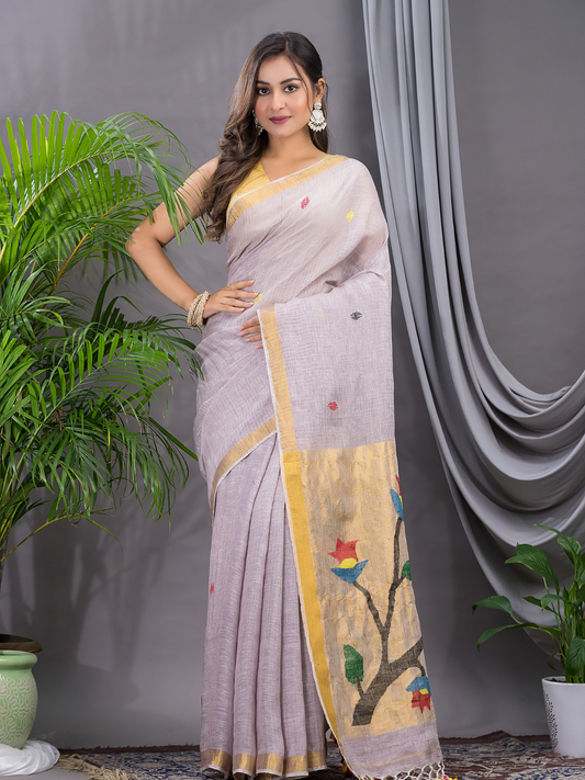 Linen Jamdani Saree With Pale Purple - 030
