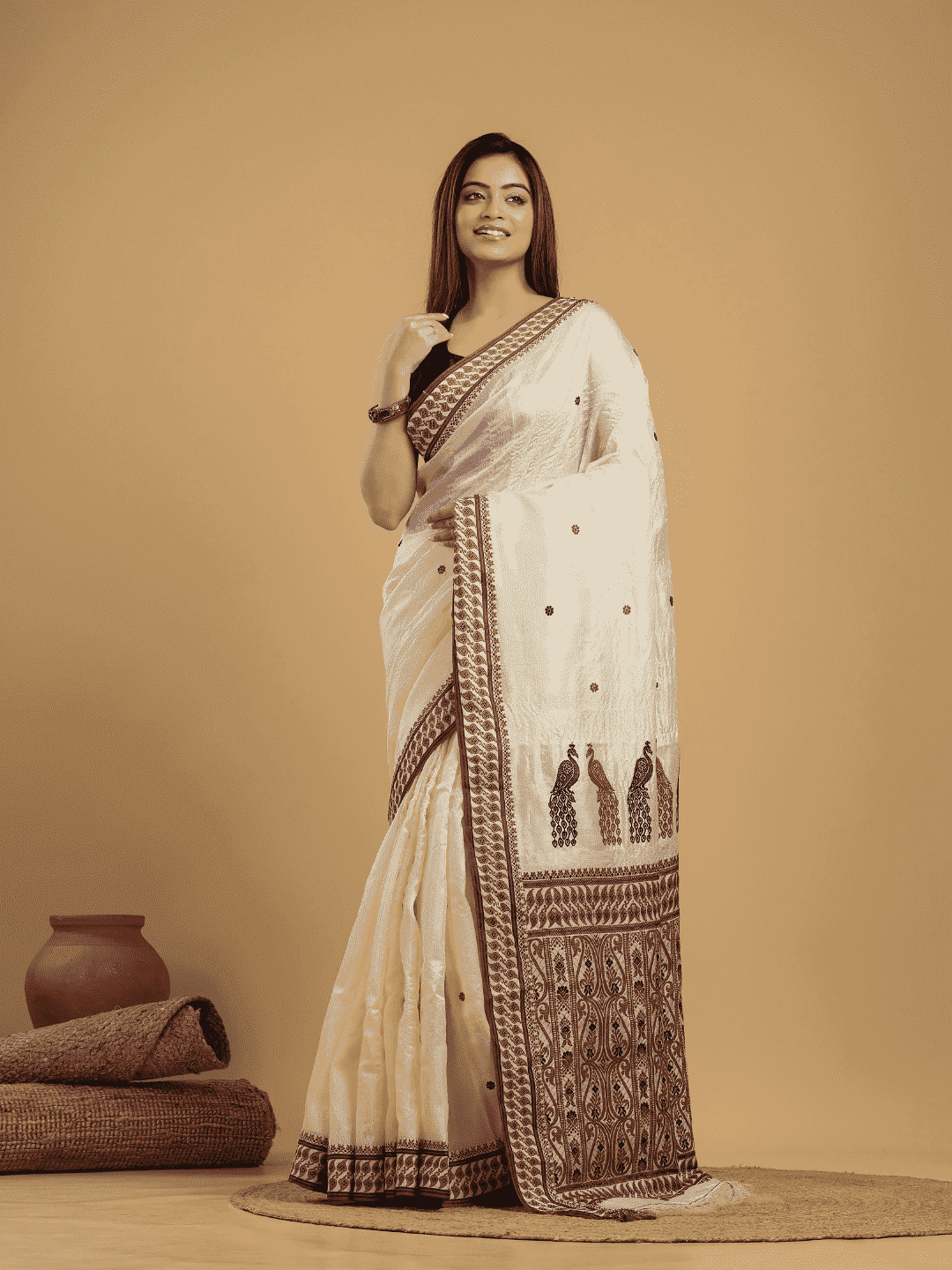 Tussar Silk Jamdani Saree With Cream White - 030