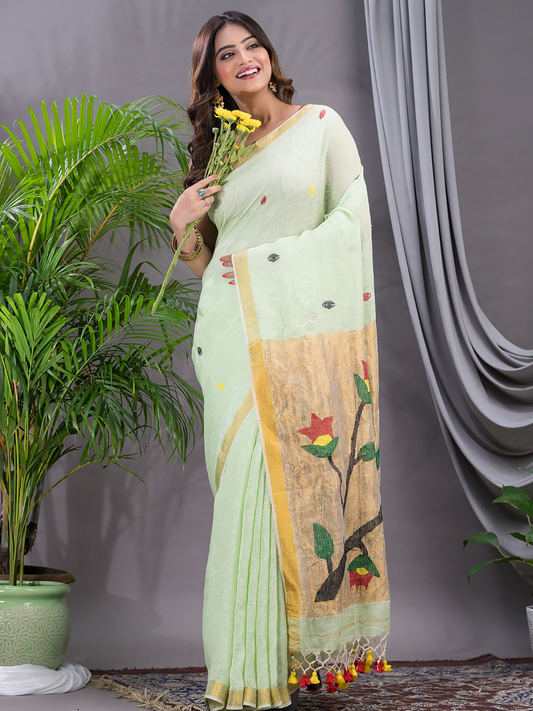 Linen Jamdani Saree With Light Green - 031