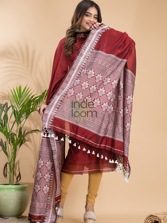 Dark Ruby | Handloom Jamdani Muslin Unstitched 2-Piece Kurti | Baluchari Design