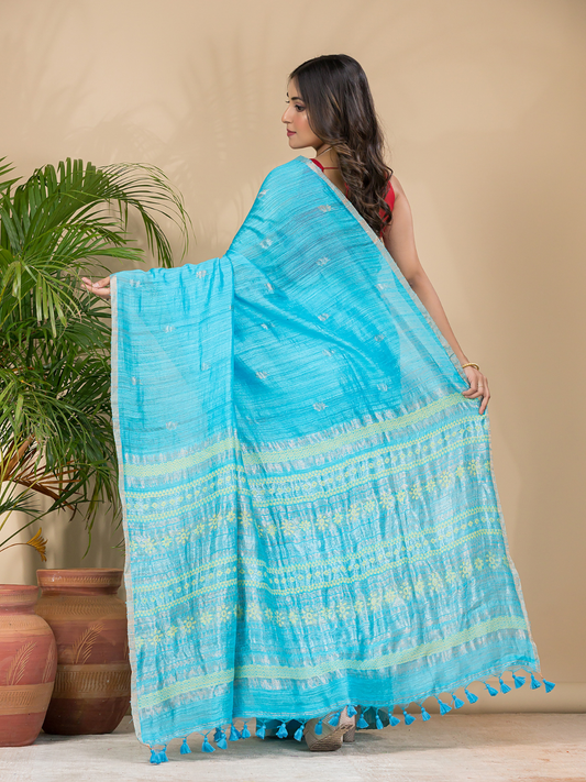 Matka Silk Jamdani Saree With Aqua Blue - 019