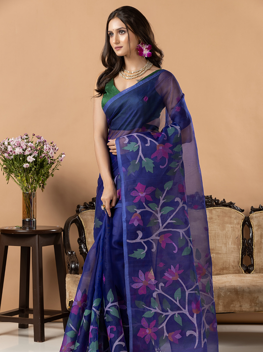 Handwoven Jamdani Muslin Silk Saree | Royal Blue
