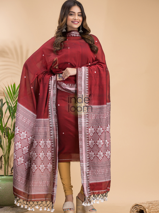 Handwoven Jamdani Muslin Cotton Unstitched 2-piece Kurti | Maroon Red