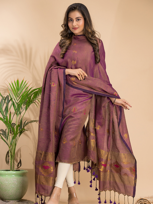 Dusty Rosewood | Handloom Jamdani Linen Unstitched 2-Piece Kurti | Benaras Design