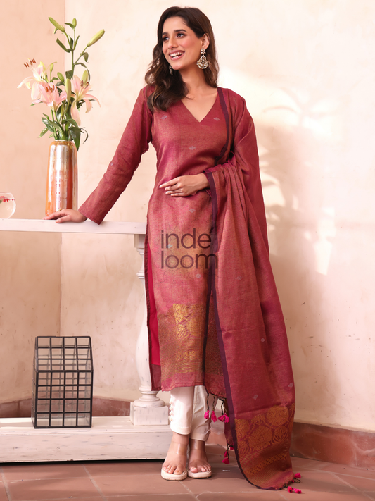 Dusty Maroon | Handloom Jamdani Linen Unstitched 2-Piece Kurti | Benaras Design