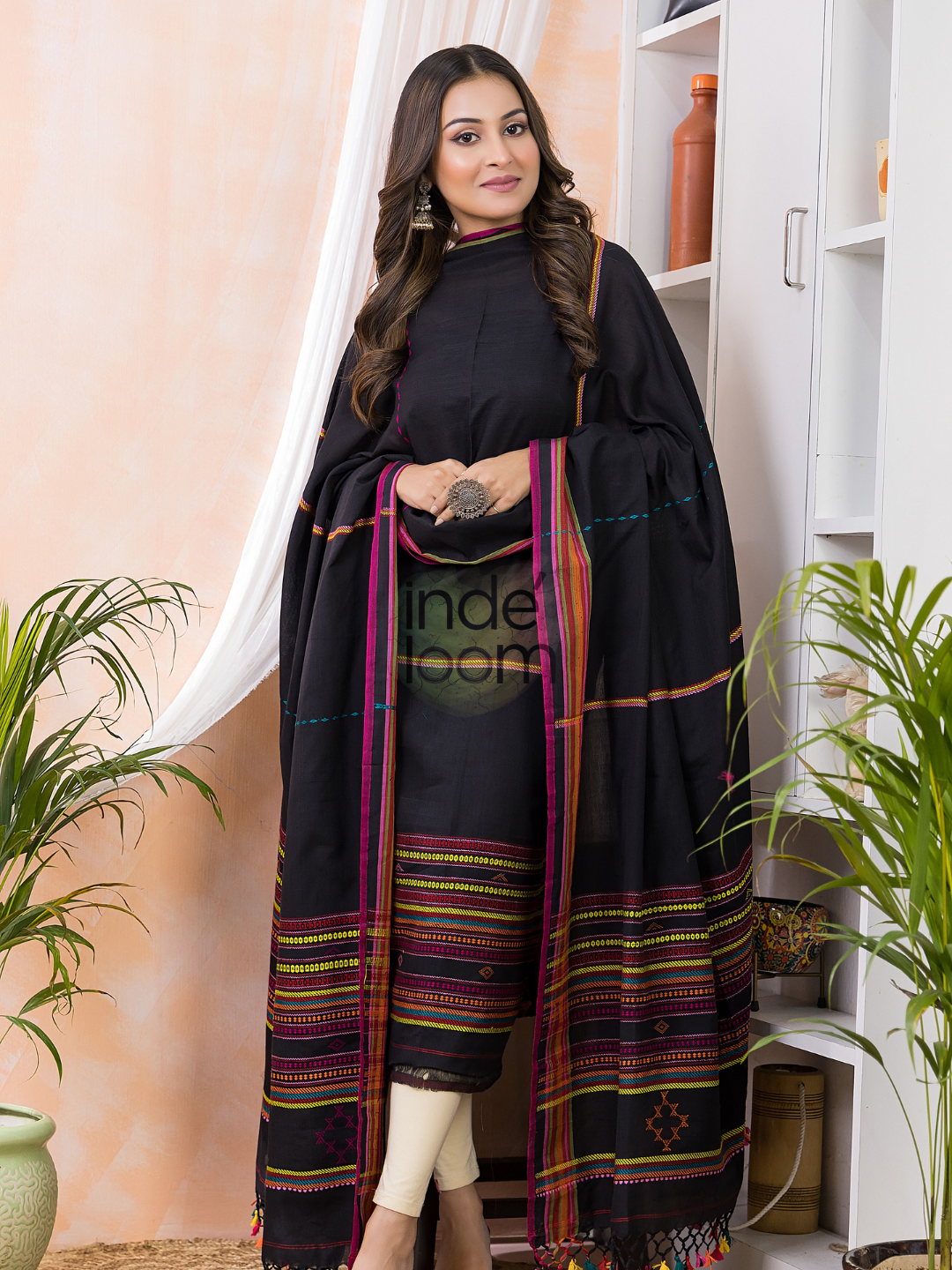 Dark Black Jamdani 2-Piece Set Kurti & Dupatta (UNSTITCHED) - 974
