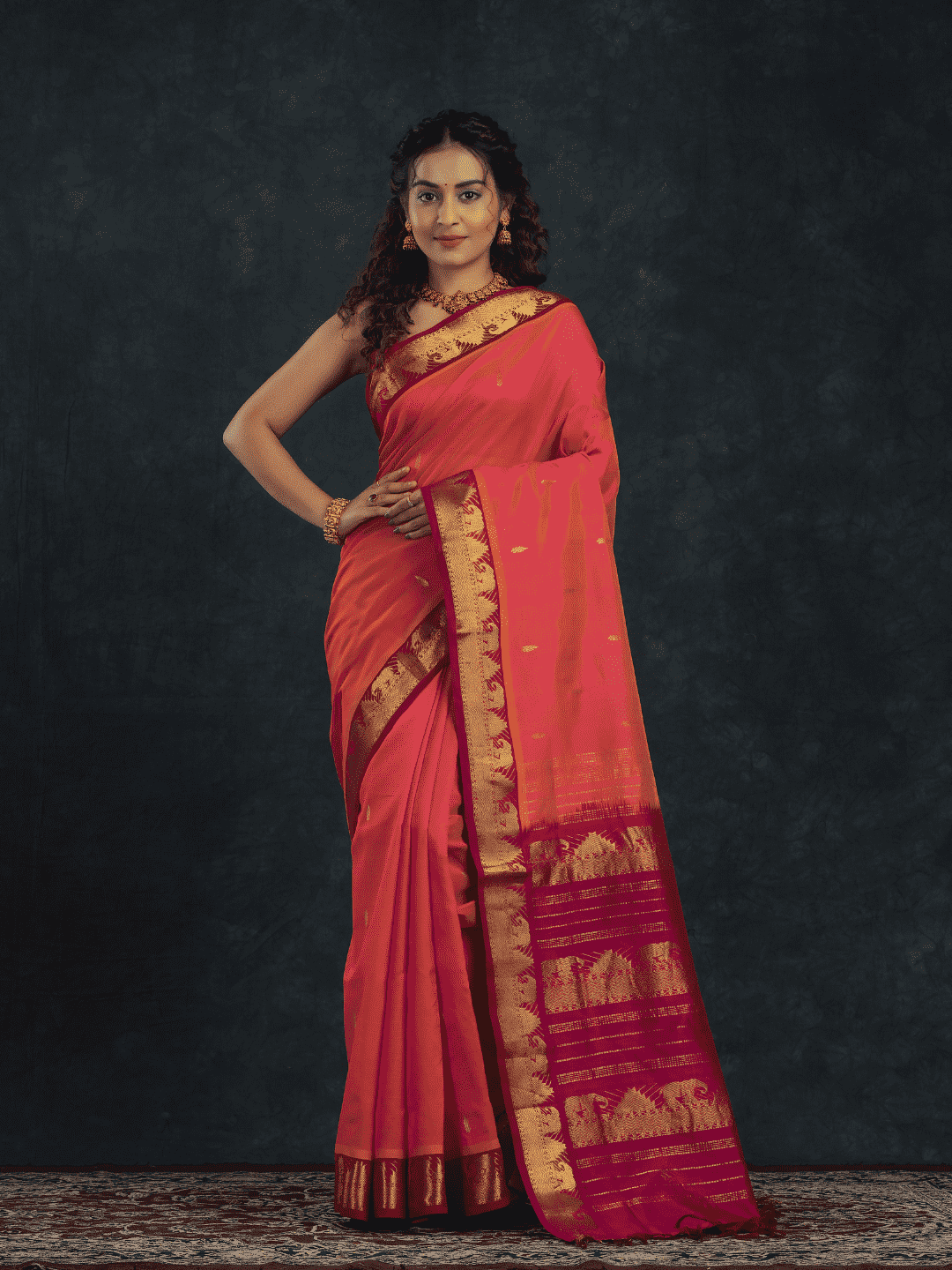 Pure handloom Korvai Silk Cotton Saree in Coral Pink Golden Pallu - 022