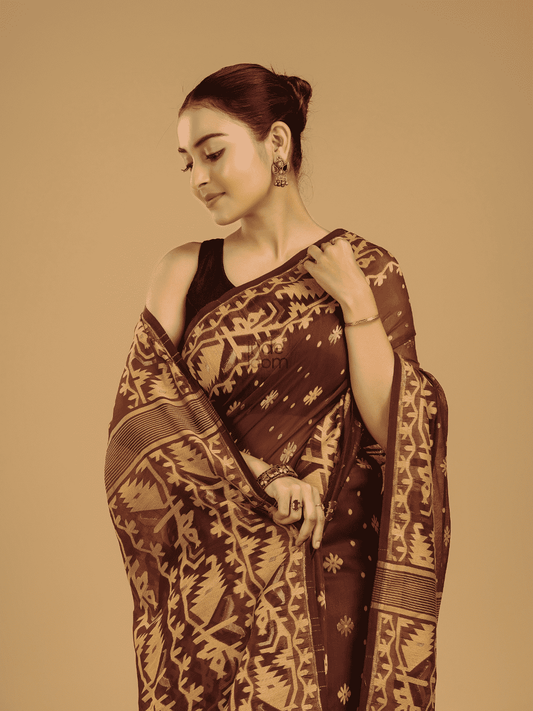 Dark Brown Soft Silk Jamdani Saree - 003 - indeloom