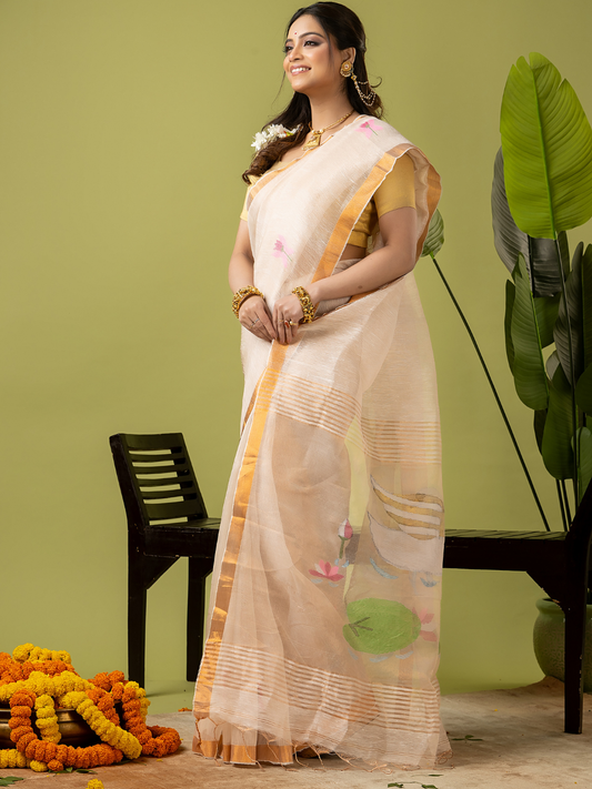 Pure Jamdani Linen Saree | Cream White and White | Half and Half style with Contrast Border