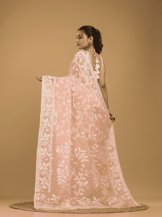 Light Pink Cotton Silk Jamdani Saree - 023 - indeloom