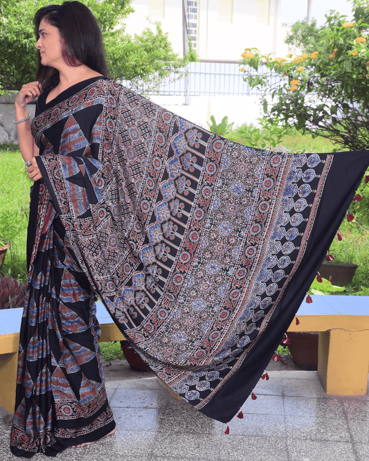 Ajrakh Exclusive Designer Modal Silk in Black, Blue and Maroon with Intricate Pattern - 032 - indeloom