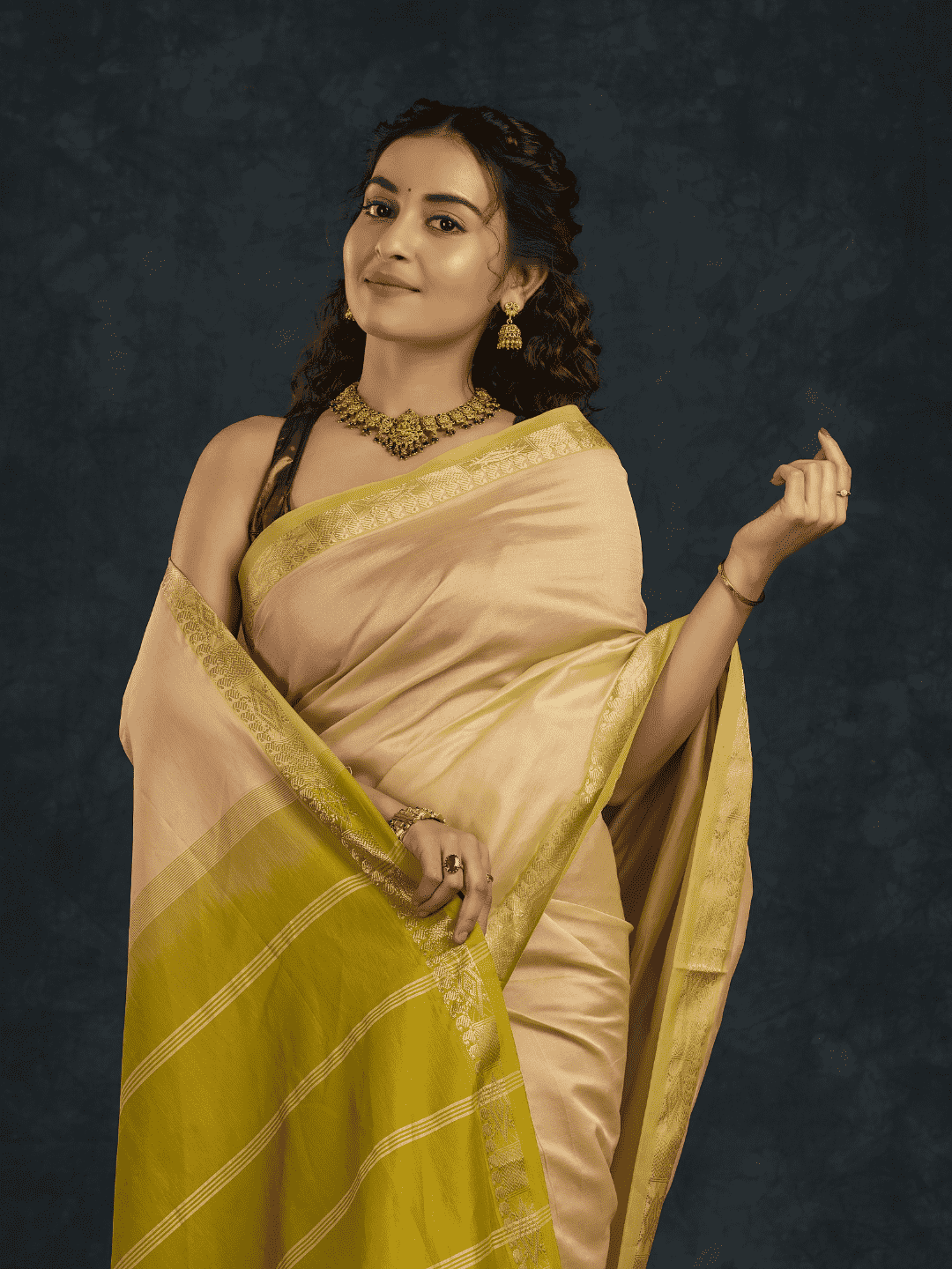 Pure Handloom Korvai Silk Cotton Saree in Golden Olive Elegance and rich cream - 146