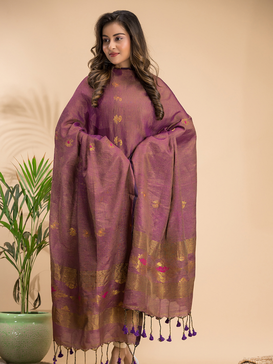 Dusty Rosewood | Handloom Jamdani Linen Unstitched 2-Piece Kurti | Benaras Design