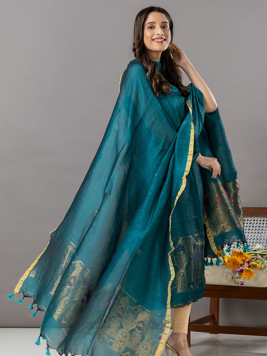 Handwoven Jamdani Linen Unstitched 2-Piece Kurti | Bright Teal