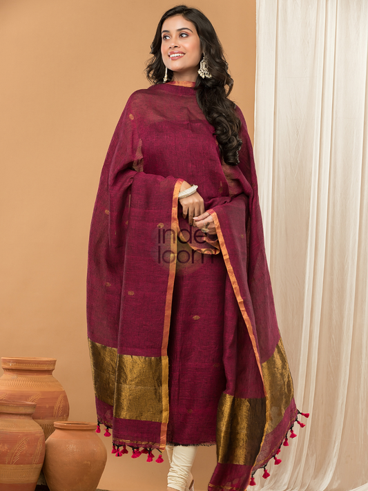 Handwoven Jamdani Linen Unstitched 2-piece Kurti | Wine Red