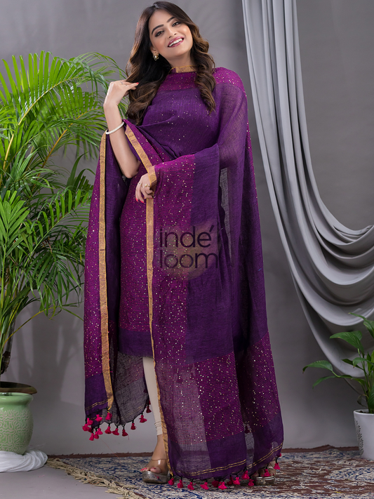 Deep Violet | Handloom Jamdani Linen Unstitched 2-Piece Kurti