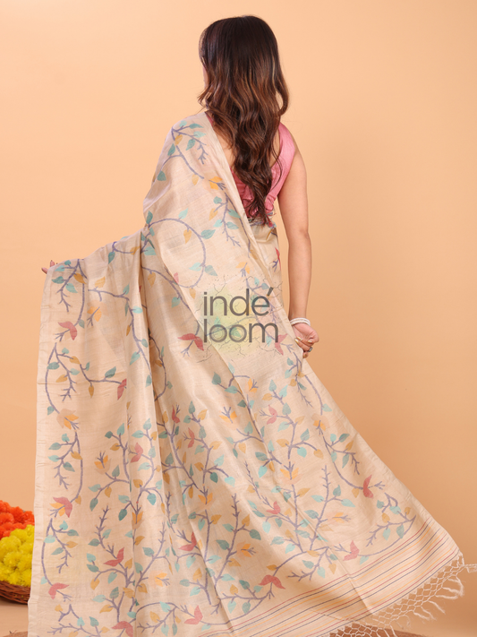 Tussar Jamdani Floral Saree With Burgundy Pale Brown - 160