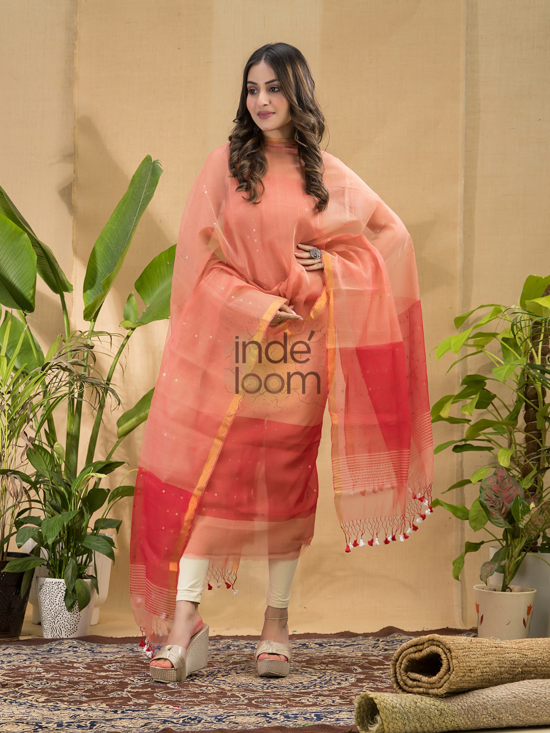 Pastel Red Linen Jamdani 2-Piece Set Kurti & Dupatta (UNSTITCHED) -739