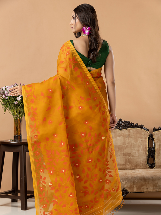 Handwoven Jamdani Muslin Silk Saree | Mustard Orange