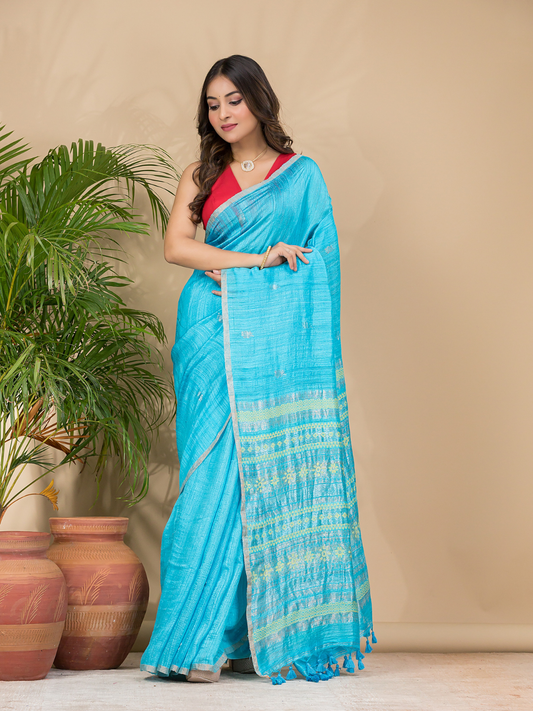 Matka Silk Jamdani Saree With Aqua Blue - 019
