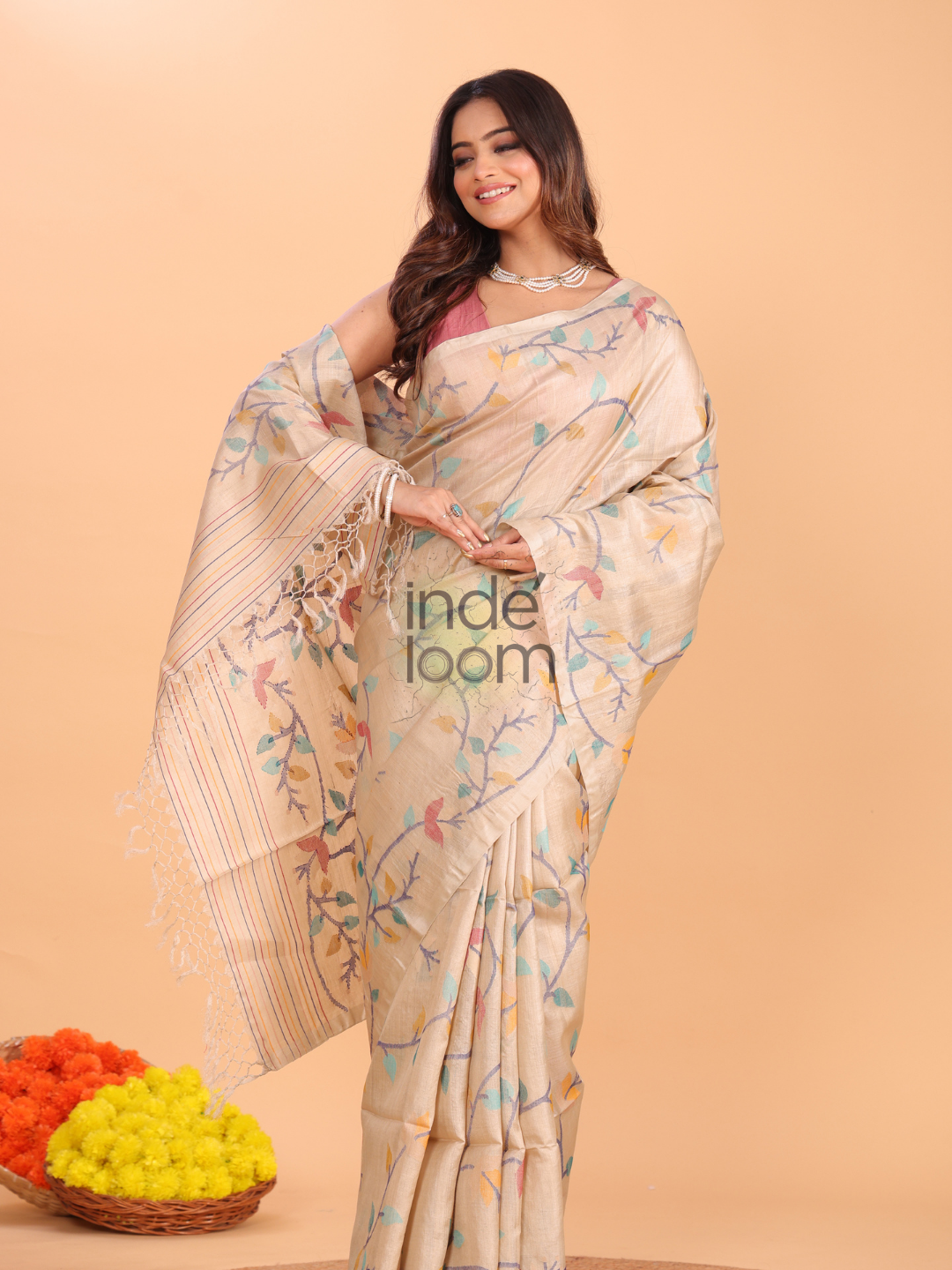 Tussar Jamdani Saree With Burgundy Pale Brown - 160