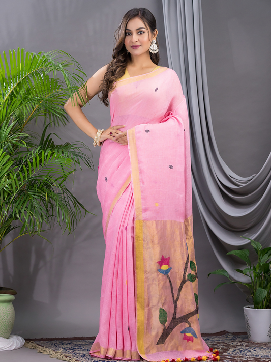 Linen Jamdani Saree With Bubblegum Pink - 032