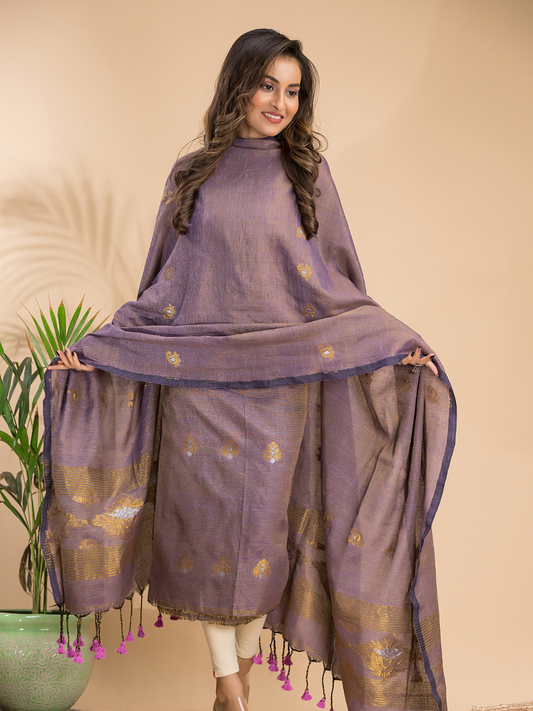 Taupe Grey | Handloom Jamdani Linen Unstitched 2-Piece Kurti | Benaras Design