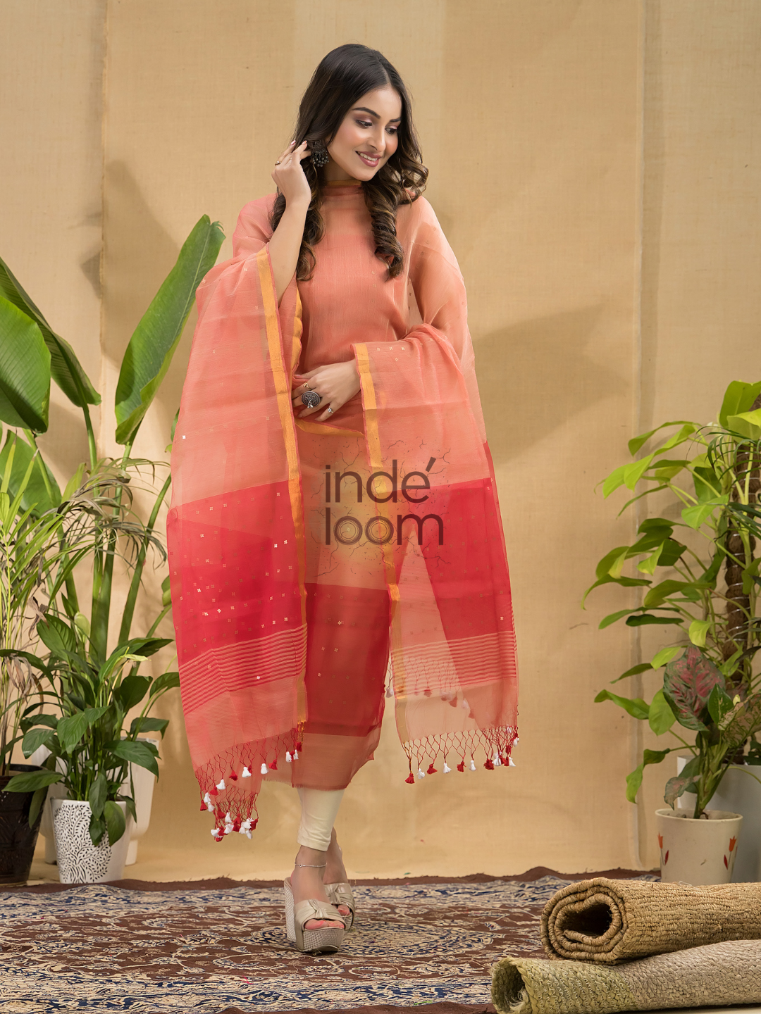 Pastel Red Linen Jamdani 2-Piece Set Kurti & Dupatta (UNSTITCHED) -739