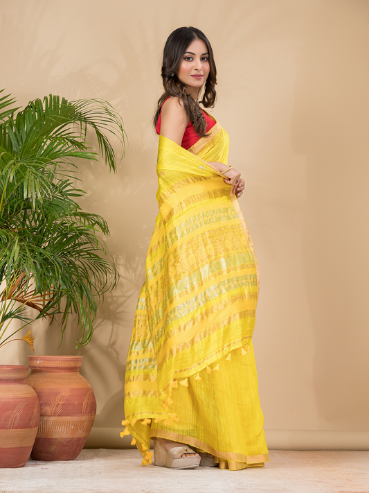 Matka Silk Jamdani Saree With Golden Yellow - 020
