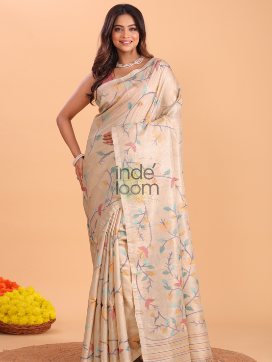 Tussar Jamdani Floral Saree With Burgundy Pale Brown - 160