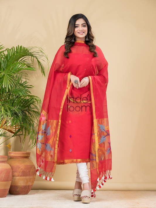 Coral Red | Handloom Jamdani Muslin Unstitched 2-Piece Kurti | Paithani Design