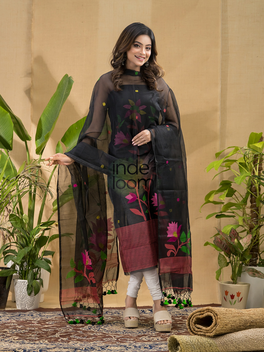 Deep Black | Handloom Jamdani Muslin Unstitched 2-Piece Kurti | Tantuj Design