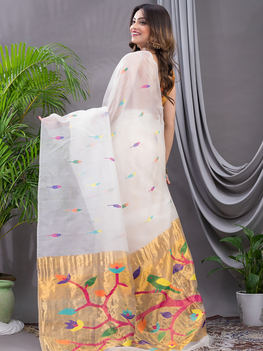 Linen Jamdani Saree With Snow White - 033