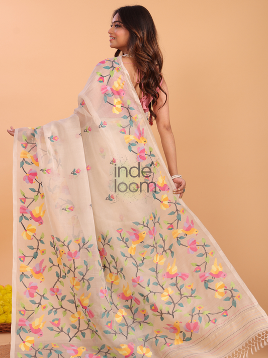 Muslin Silk Jamdani Floral Birds Saree With Burgundy Pale Brown - 161
