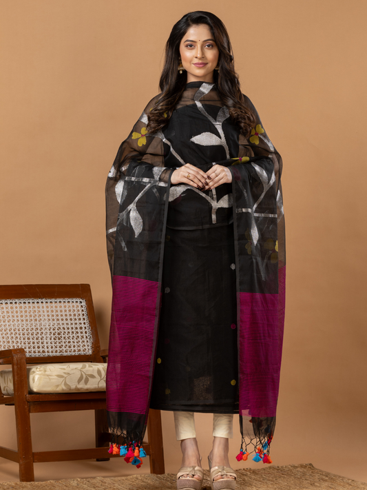 Handwoven Jamdani Muslin Unstitched 2-Piece Kurti | Jet Black