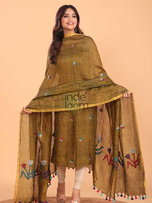 Camel Brown | Handloom Jamdani Linen Unstitched 2-Piece Kurti