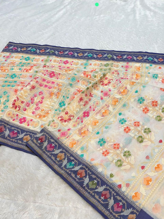 Exclusive Pure Ektara Benarasi Kora Jamdani saree | Pearl Cream