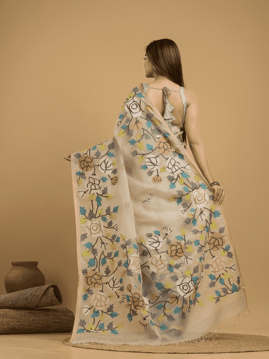 Hand Made Jamdani Saree With Pale Brown - 038