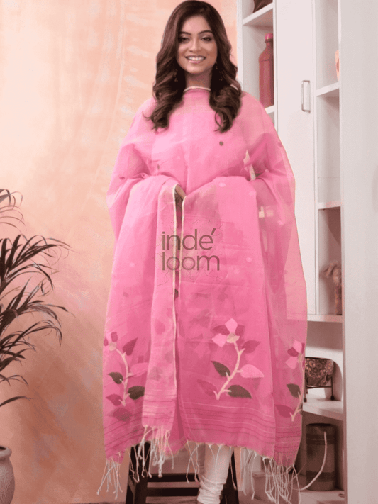Baby Pink Jamdani 2-Piece Set Kurti & Dupatta (UNSTITCHED) -428 - indeloom