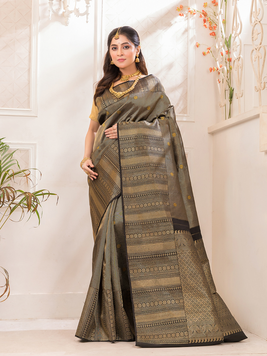 Hemapatra - Golden khaki green saree with vine motifs and Zari