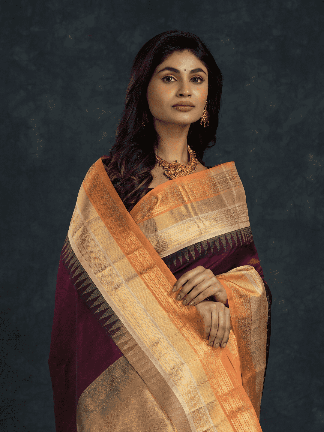Pure Handloom Korvai Silk Cotton Saree in Deep Purple with Beige and Golden Orange with Temple border - 119