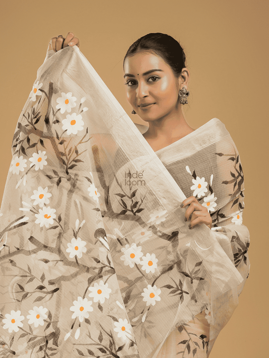 Kota Doria Handpainted Saree With Lace White - 003 - indeloom
