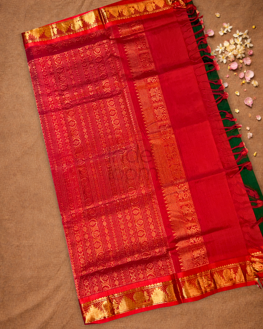 Handloom Korvai Silk Cotton Saree | Bottle Green