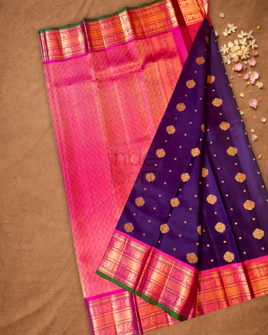 Silk Mark Certified Handloom Kanjivaram Silk Saree | Indigo Purple