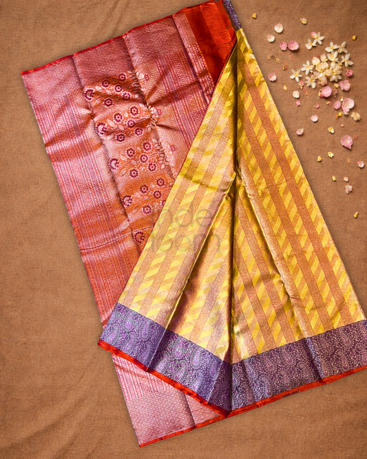Silk Mark Certified Handloom Kanjivaram Silk Saree | Golden Yellow