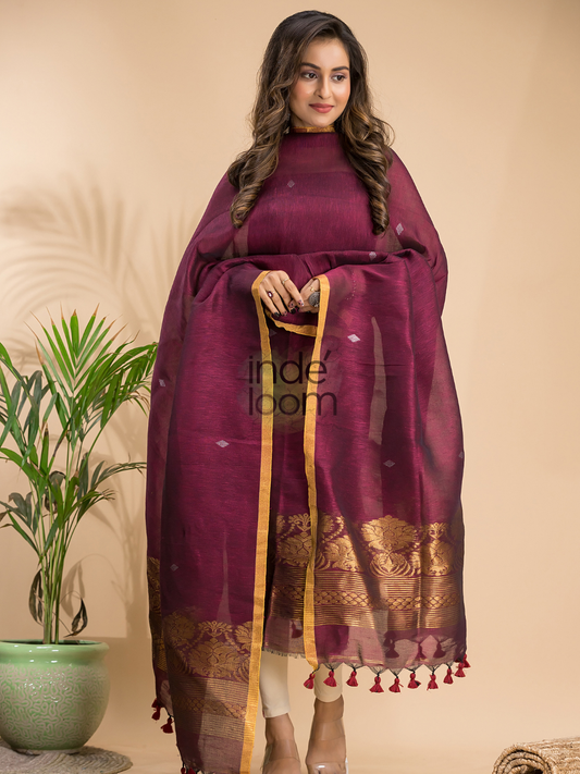 Handwoven Jamdani Cotton Linen Unstitched 2-piece Kurti | Maroon Red