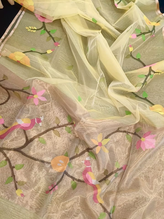 Pale Yellow Hand Woven Muslin Paithani Jamdani Saree - 104