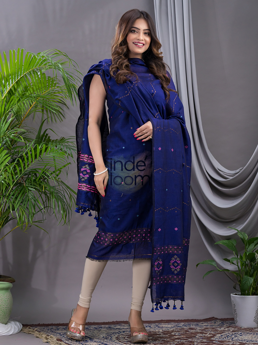 Imperial Blue | Handloom Jamdani Cotton Unstitched 2-Piece Kurti | Bhujodi Design